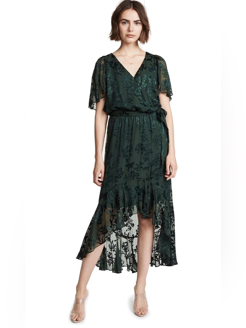 Parker Dark Green Floral Wrap High-Low Dress S